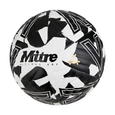 Front ¾ left view of the Mitre Ultimax One Ball White, Black and Black