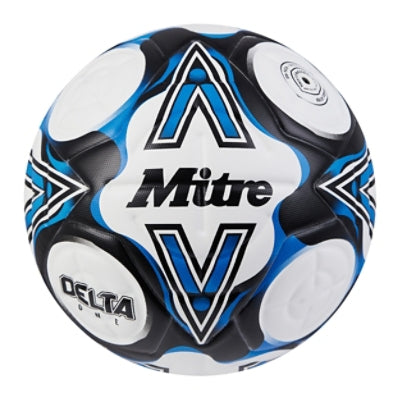 Front ¾ left view of the Mitre Delta One Football White, Black and Blue