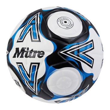 Front ¾ left view of the Mitre Delta One Football White, Black and Blue