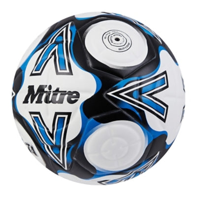 Front ¾ left view of the Mitre Delta One Football White, Black and Blue