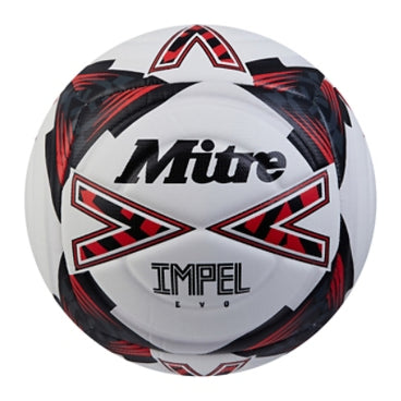 Front view of the Mitre Impel Evo Football White, Black and Red
