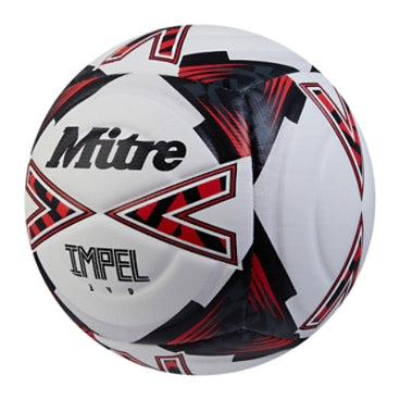 Front ¾ left view of the Mitre Impel Evo Football White, Black and Red