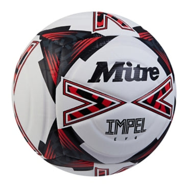 Front ¾ right view of the Mitre Impel Evo Football White, Black and Red