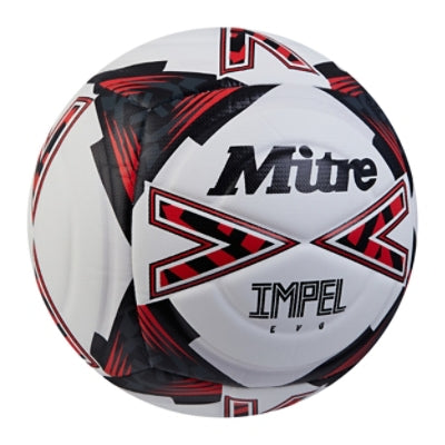 Front ¾ right view of the Mitre Impel Evo Football White, Black and Red