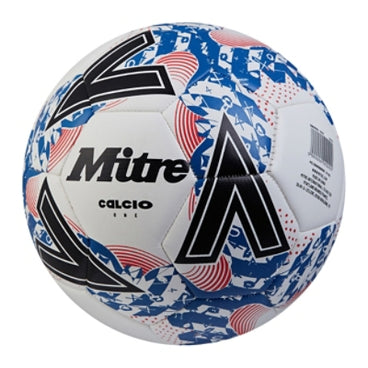 Front ¾ left view of the Mitre Calcio Football White, Black and Blue