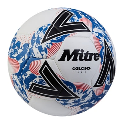 Front ¾ right view of the Mitre Calcio Football White, Black and Blue