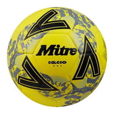 Front view of the Mitre Calcio Football Yellow, Black and Grey