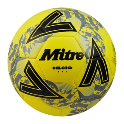 Front view of the Mitre Calcio Football Yellow, Black and Grey