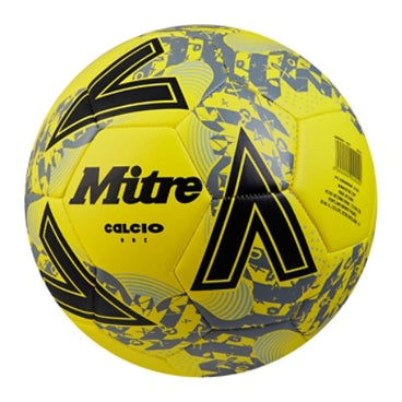 Front ¾ left view of the Mitre Calcio Football Yellow, Black and Grey