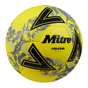 Front ¾ right view of the Mitre Calcio Football Yellow, Black and Grey