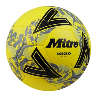 Front ¾ right view of the Mitre Calcio Football Yellow, Black and Grey