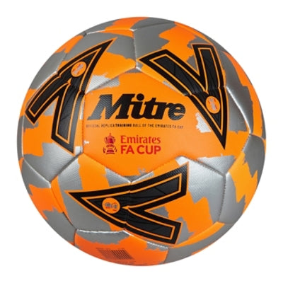 Front view of the Mitre Emirates FA Cup Train Football Orange, Silver and Black