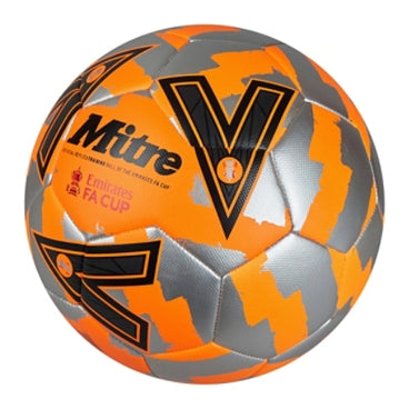 Front ¾ left view of the Mitre Emirates FA Cup Train Football Orange, Silver and Black