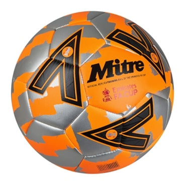 Front ¾ right view of the Mitre Emirates FA Cup Train Football Orange, Silver and Black