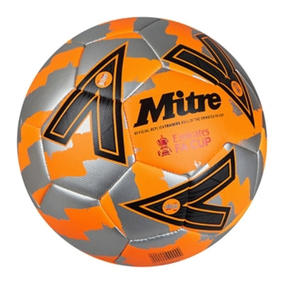 Front ¾ right view of the Mitre Emirates FA Cup Train Football Orange, Silver and Black